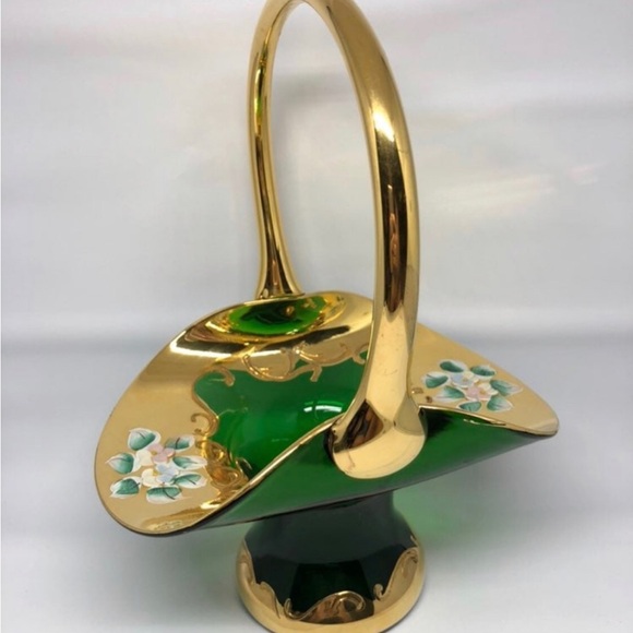 Vintage Bohemian Czech Art Glass Basket Green Enameled Applied Flowers Gold Trim